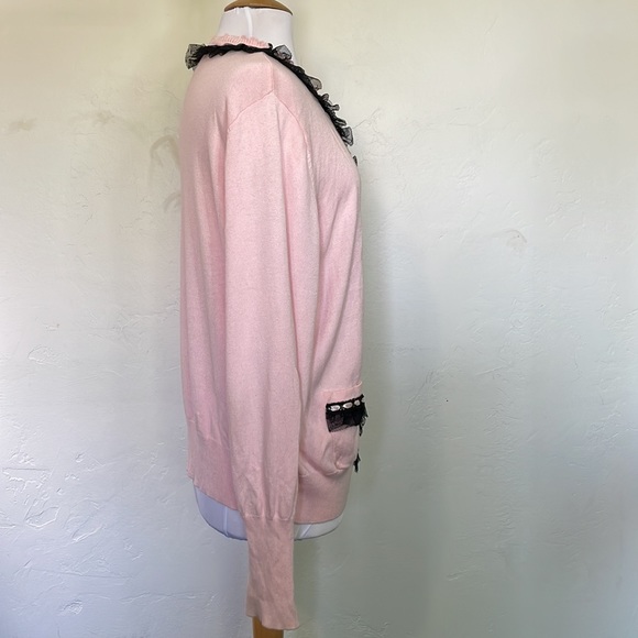 BEREK by Takahe Sakor Pink Knit Cardigan Black Lace Rhinestone Pearl Buttons - Picture 6 of 10